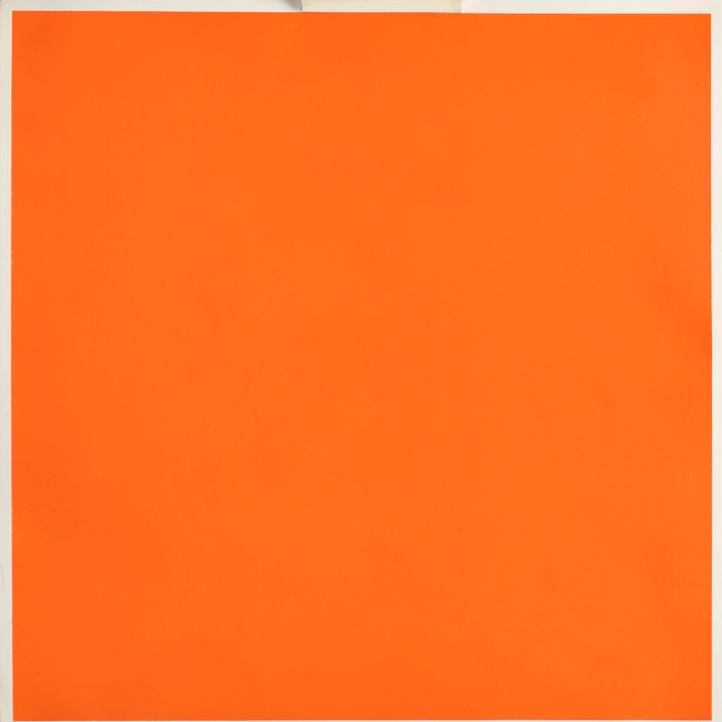 Matte gouache poster of a warm sunset skyline in burnt orange and cream, deep navy silhouettes of city rooftops, calm and reflective mood